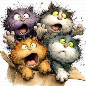 May include: A cartoon illustration of four startled cats bursting out of a cardboard box. The cats have exaggerated expressions with wide eyes and open mouths. The cats are various colors, including purple, orange, gray, and blue.
