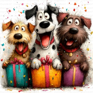 Puede incluir: Una ilustración caprichosa de tres perros de dibujos animados, cada uno con ojos grandes y la boca abierta, que parecen emocionados. Los perros, uno beige, uno blanco y negro y uno marrón, sostienen regalos coloridos. Confeti los rodea, sugiriendo una celebración.