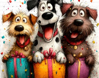 Whimsical Birthday Dogs Clip Art: Watercolor Style (Digital Download, JPG, 20 Images)