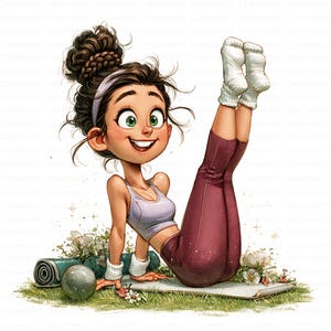 Puede incluir: Una ilustración de dibujos animados de un personaje con cabello castaño en un moño alto, vistiendo un top deportivo morado claro, leggings granates y calcetines blancos. El personaje está sentado con las piernas levantadas junto a una esterilla.