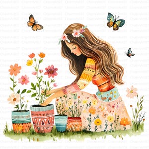 18 Donna che si prende cura delle piante Clipart, Giardinaggio, Clipart acquerello stampabile, JPG di alta qualità, Download digitale, diari spazzatura, artigianato