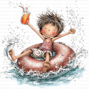 Peut inclure: Illustration à l'aquarelle d'un enfant profitant d'une journée d'été. L'enfant porte un débardeur rayé rouge et blanc et un short à fleurs, flottant sur une bouée rouge dans l'eau. L'enfant tient une boisson avec une paille et sourit.