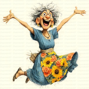 May include: A digital illustration of a joyful woman with gray hair, wearing glasses, a blue dress, and a sunflower-patterned skirt. She is jumping with her arms outstretched, exuding happiness. The image has a watercolor style.
