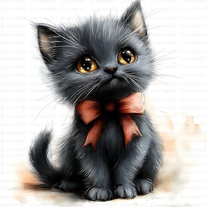 May include: A watercolor illustration of a black kitten with large, golden eyes and a red bow tie. The kitten is sitting upright, with its tail curled, and has long whiskers. The image has the text "CharmArt07" repeated in the background.