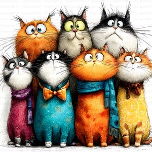 May include: A whimsical illustration features a group of cartoon cats with expressive eyes and various fur colors, including orange, black, and grey. The cats are dressed in colorful outfits and scarves, creating a playful and charming scene. The image has a white background.