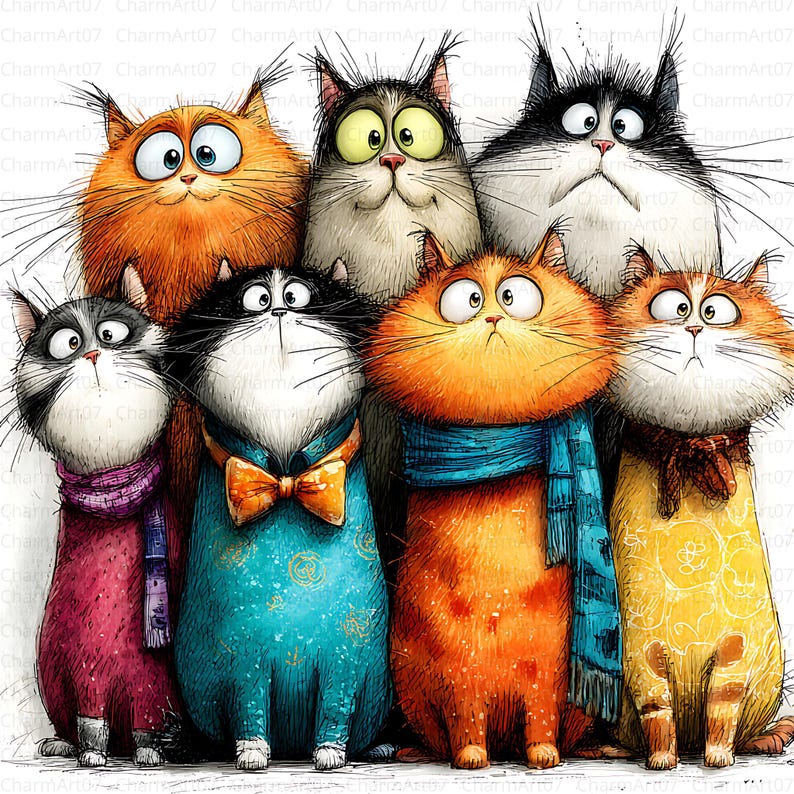 May include: A whimsical illustration features a group of cartoon cats with expressive eyes and various fur colors, including orange, black, and grey. The cats are dressed in colorful outfits and scarves, creating a playful and charming scene. The image has a white background.