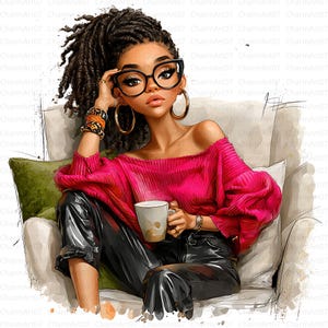 アフリカ系アメリカ人女性のコーヒークリップアート：水彩画風（デジタルダウンロード）
