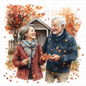 20 imágenes prediseñadas de pareja de ancianos en otoño, imágenes prediseñadas de otoño, pareja mayor, acuarela imprimible, JPG de alta calidad, manualidades de papel, manualidades digitales, diario basura