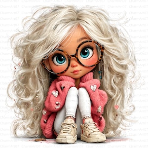 Könnte beinhalten: Digitale Illustration einer puppenartigen Figur mit großen blauen Augen und runden Brillen im Schildpatt-Stil. Die Figur hat lange, wellige blonde Haare und trägt einen rosa Pullover mit Herzdetails, eine weiße Hose und beige Turnschuhe. Das Gesamtthema ist niedlich und skurril.