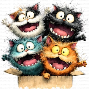 May include: A whimsical illustration of four cartoon cats with exaggerated expressions. The cats, in shades of black, orange, blue, and calico, are bursting out of a cardboard box, with wide eyes and open mouths. The image has a playful, cartoonish style.