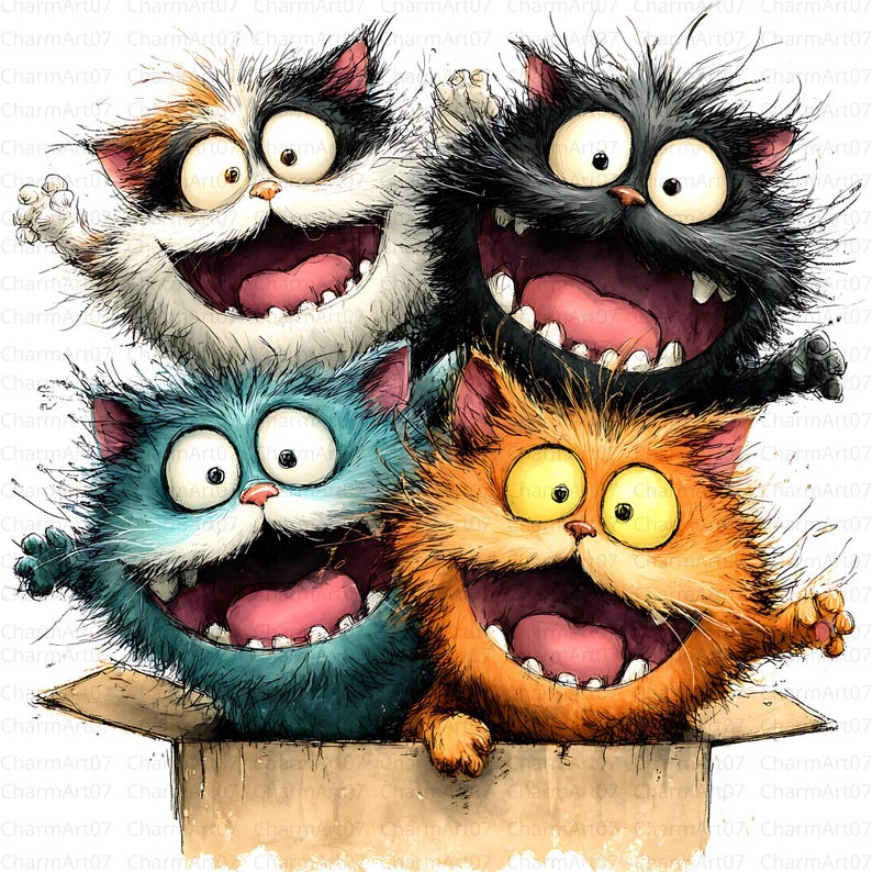 May include: A whimsical illustration of four cartoon cats with exaggerated expressions. The cats, in shades of black, orange, blue, and calico, are bursting out of a cardboard box, with wide eyes and open mouths. The image has a playful, cartoonish style.