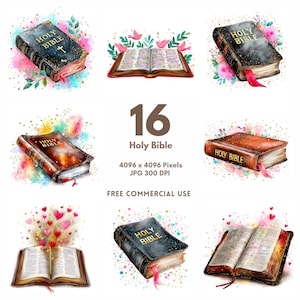 May include: A collection of watercolour illustrations depicting the Holy Bible. Some are closed, others open, with decorative elements such as flowers, hearts, and birds. The text "Holy Bible" is visible on the covers.