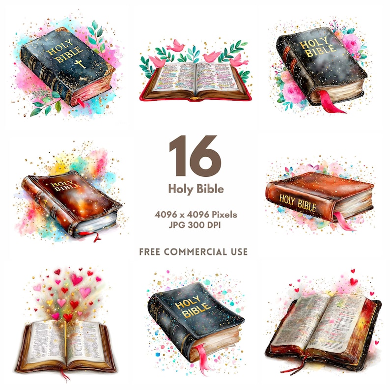 May include: A collection of watercolour illustrations depicting the Holy Bible. Some are closed, others open, with decorative elements such as flowers, hearts, and birds. The text "Holy Bible" is visible on the covers.