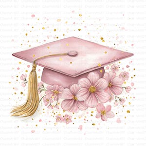 May include: A pink graduation cap with a gold tassel and a cluster of pink flowers. Gold confetti is scattered around the cap and flowers, creating a celebratory design. The image has a watercolor style.