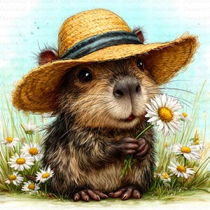 May include: A digital illustration of a groundhog wearing a straw hat with a blue band, holding a daisy. The groundhog has brown and black fur and is surrounded by daisies and green grass.