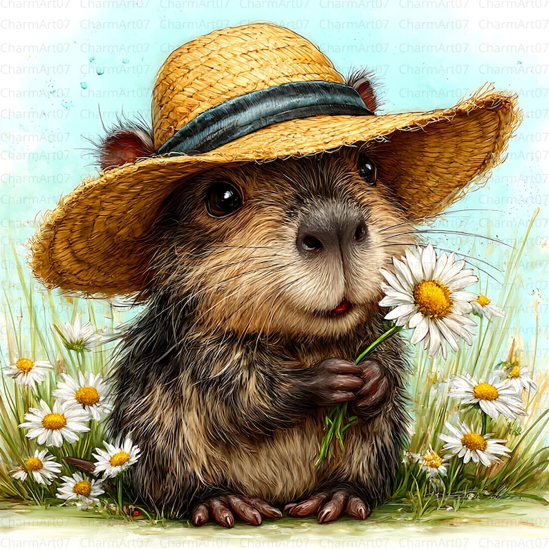 May include: A digital illustration of a groundhog wearing a straw hat with a blue band, holding a daisy. The groundhog has brown and black fur and is surrounded by daisies and green grass.