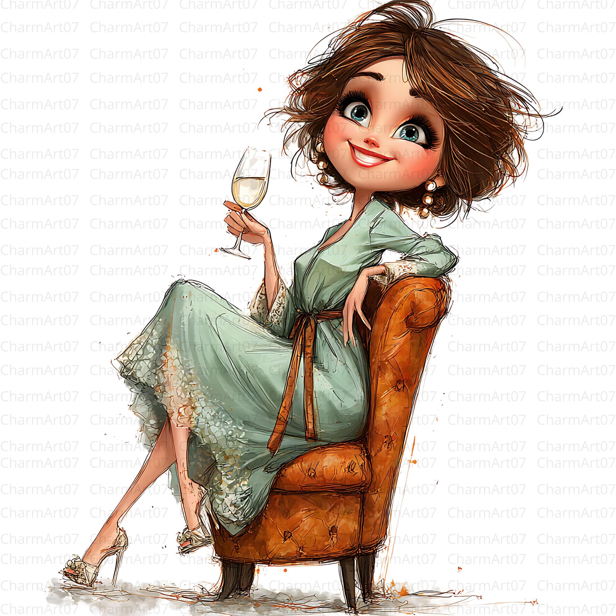 Lady With Wine Clipart Bundle , Grandma Cherries and Wine Digital Jpgs ...