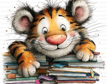 May include: A watercolor illustration of a smiling tiger cub peeking over a stack of colorful books. The tiger has orange and black stripes, pink cheeks, and big, expressive eyes. The books have various colored covers and sticky notes.