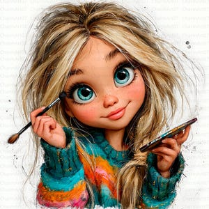 Può includere: Illustrazione digitale di una giovane persona con lunghi capelli biondi e occhi azzurri brillanti che si trucca. La persona indossa un maglione a righe turchese, arancione e giallo e tiene in mano un pennello e una palette per il trucco.