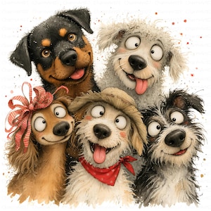 Peut inclure: Une illustration numérique fantaisiste représentant cinq chiens expressifs aux yeux écarquillés et aux expressions joyeuses. Le groupe comprend un chien noir et feu, un chien blanc hirsute tirant la langue, un chien marron avec un nœud rayé rouge, un chien portant un chapeau de paille et un bandana rouge, et un chien noir et blanc ébouriffé.