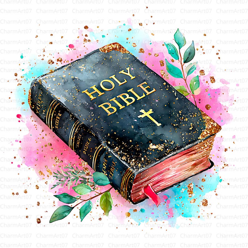 May include: A watercolour illustration of a black Holy Bible with gold lettering and a cross. The book has gold gilded edges and a red ribbon bookmark. Green leaves and gold flecks surround the book against a pink and blue watercolour background.