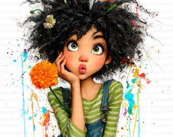 Quirky black girl Clipart, 20 Cute Afro Whimsical Girl, Teenage girl clipart, Printable Watercolor, High-Quality JPGs, Junk Journal, Craft