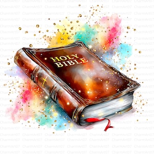 May include: A watercolour illustration of a brown leather-bound Holy Bible with gold lettering and a red ribbon bookmark. The background features colourful watercolour splashes and gold glitter.