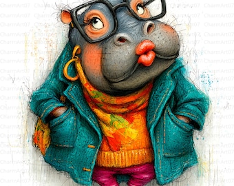 Watercolor Hippo Clipart Bundle: Funny Animal Art (Digital Download JPGs, 4096x4096px )