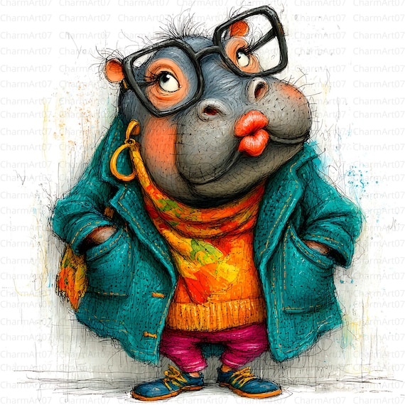 Watercolor Hippo Clipart Bundle: Funny Animal Art (Digital Download JPGs, 4096x4096px )