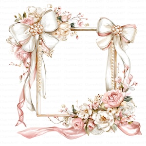 38 Pearl Bow Wedding Frame Clipart, Ivory Watercolor JPGs, Bridal Monogram Frames, Table Number Signs, Digital Download, Commercial Use