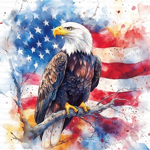 28 Watercolor American Eagle Clipart,  USA Flag JPG, Patriotic Bald Eagles, Red White Blue American Flag, Digital Download, High Quality JPG