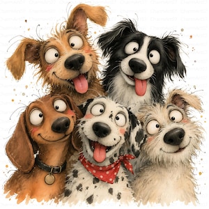 Könnte beinhalten: Eine digitale Illustration mit fünf Cartoon-Hunden mit großen Augen und ausdrucksstarken Gesichtern. Die Gruppe besteht aus einem hellbraunen Hund, einem schwarz-weißen Hund, einem braunen Hund mit Halsband, einem gefleckten Hund mit rotem Tupfenhalstuch.