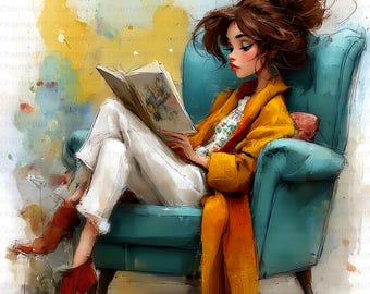 Puede incluir: Ilustración artística de una persona leyendo un libro sentada en un sillón turquesa. La persona lleva un abrigo amarillo, pantalones blancos y tacones rojos. El fondo presenta salpicaduras de acuarela amarillas y azules.