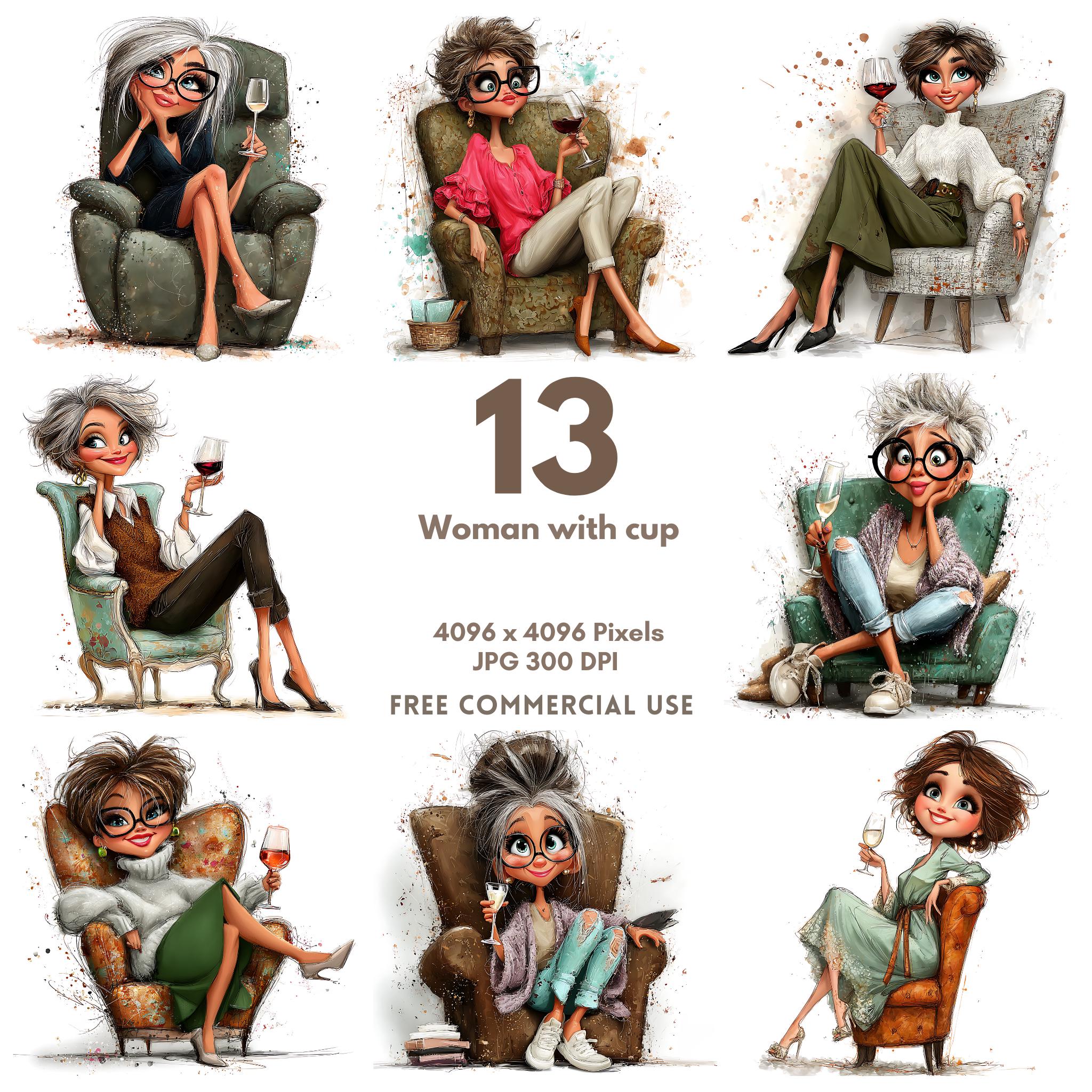Lady With Wine Clipart Bundle , Grandma Cherries and Wine Digital Jpgs ...