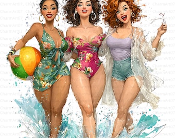May include: Illustration of three women in swimwear, walking through water. The woman on the left holds a beach ball. The women wear floral print swimsuits, shorts, and a sheer cover-up. The image has a watercolor style.