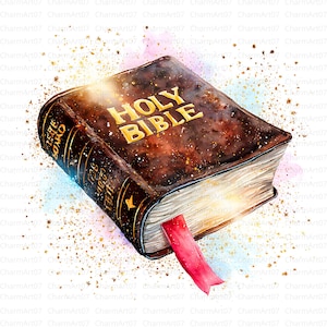 May include: A watercolour illustration of a Holy Bible with gold lettering. The book is brown with a red ribbon bookmark. The image has a soft, glowing effect with gold sparkles.