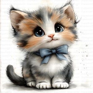 May include: A watercolor illustration of a fluffy kitten with blue eyes and a blue bow tie. The kitten has a mix of gray, orange, and white fur. The background is white with subtle watercolor splatters.