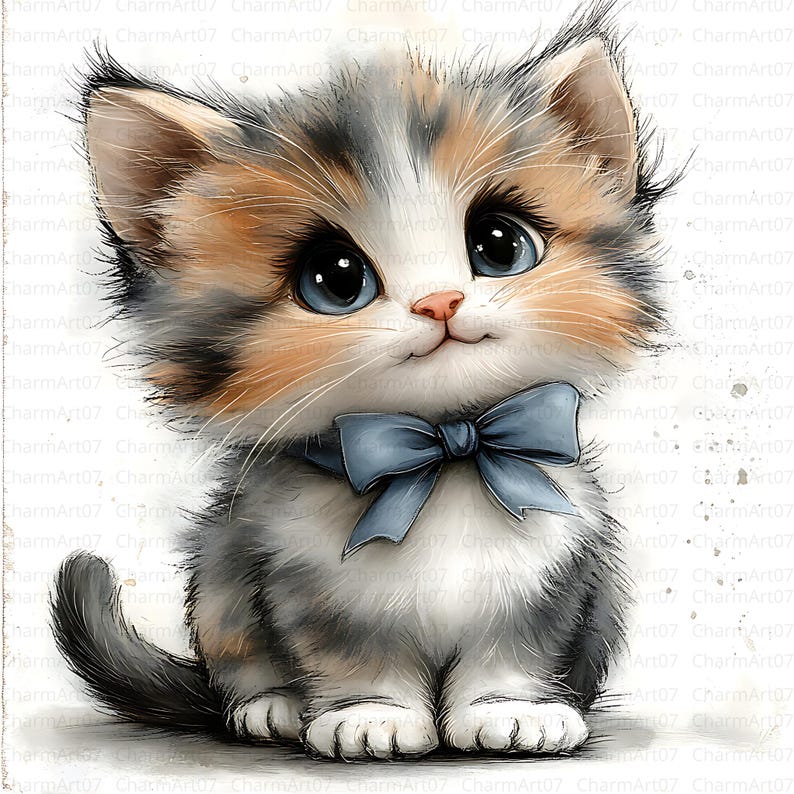 May include: A watercolor illustration of a fluffy kitten with blue eyes and a blue bow tie. The kitten has a mix of gray, orange, and white fur. The background is white with subtle watercolor splatters.