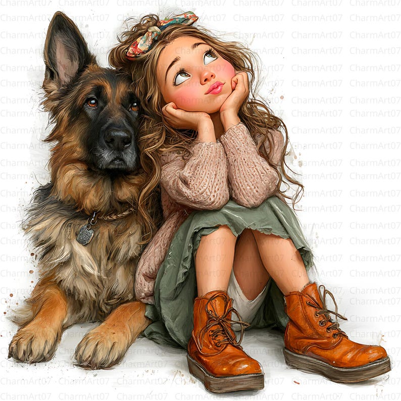 Girl With Dog Clipart: Watercolor Style, Dog Lover Art (JPG Digital ...