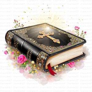 May include: A black Bible with gold detailing, a gold cross, and a red ribbon bookmark. The cover has ornate gold filigree and sparkling embellishments. Pink roses and greenery surround the book, creating a decorative and religious theme.