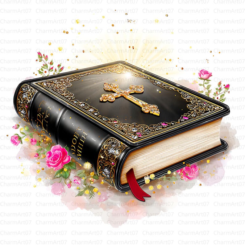 May include: A black Bible with gold detailing, a gold cross, and a red ribbon bookmark. The cover has ornate gold filigree and sparkling embellishments. Pink roses and greenery surround the book, creating a decorative and religious theme.