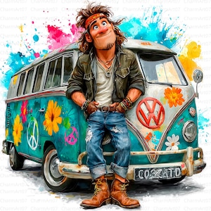 18 Hippies Clipart bundle, Quirky Man Clipart, 80s clipart, Printable Watercolor clipart, High Quality JPGs, Digital download, junk journal