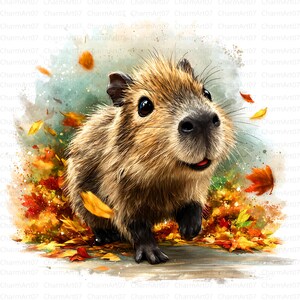 May include: A watercolor illustration of a capybara running through autumn leaves. The capybara has brown fur, a black nose, and big, dark eyes. The leaves are in shades of red, orange, and yellow, with a soft, watercolor background.