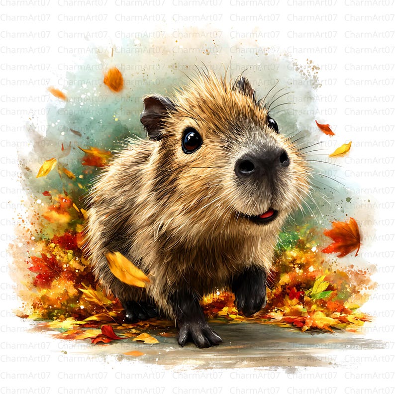 May include: A watercolor illustration of a capybara running through autumn leaves. The capybara has brown fur, a black nose, and big, dark eyes. The leaves are in shades of red, orange, and yellow, with a soft, watercolor background.