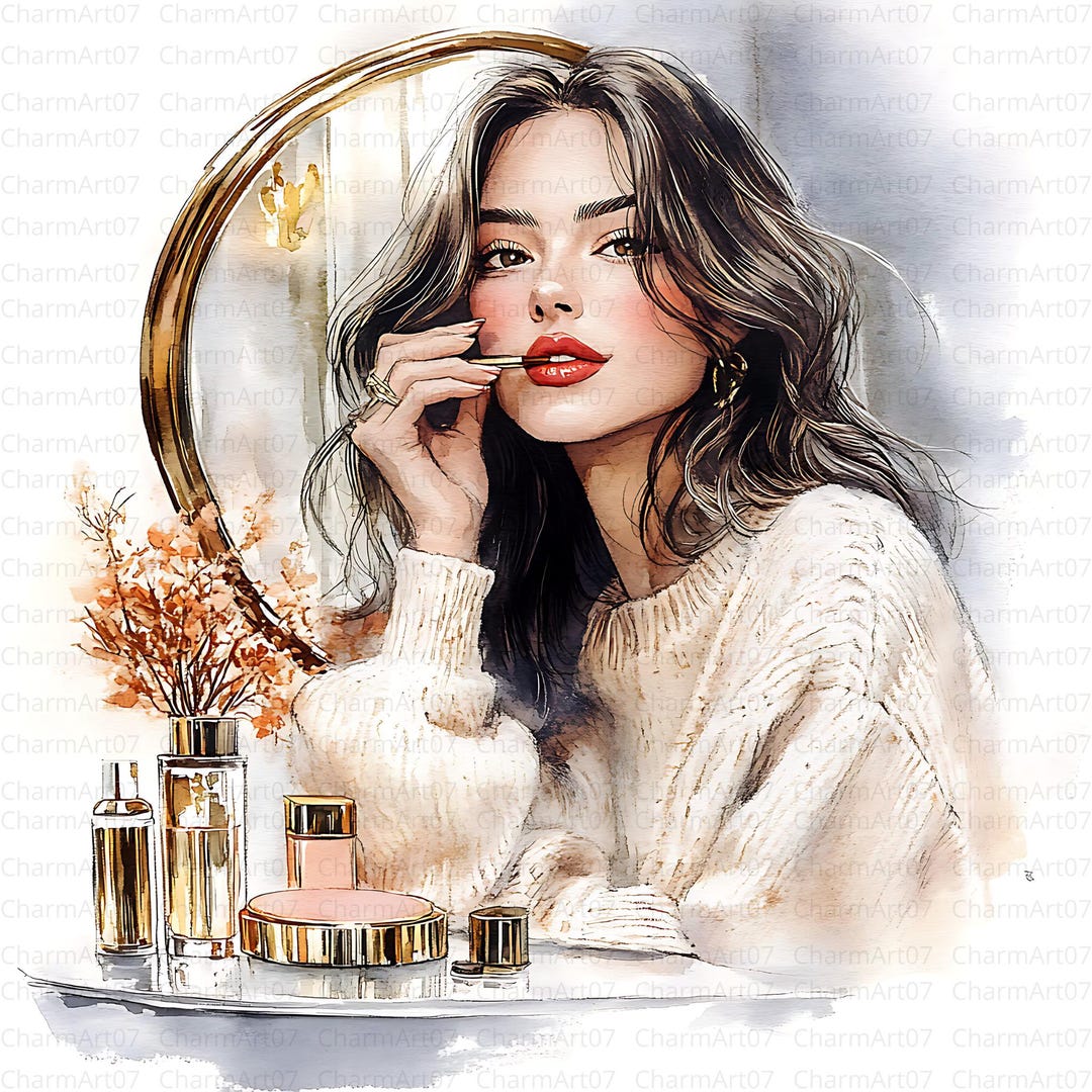 12 Woman Putting on Makeup Clipart,