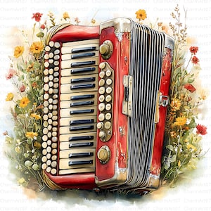 25 bellissimi clipart di fisarmoniche, JPG di alta qualità, download digitale, uso commerciale, arte murale ad acquerello, strumento musicale, misti