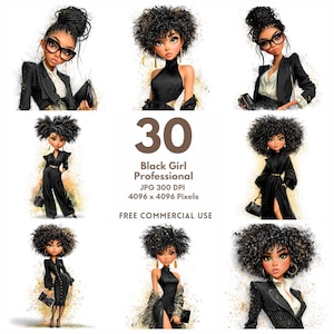 May include: A digital art print featuring nine illustrations of Black women in professional attire. The women are depicted in various poses, wearing business suits and dresses. The image includes the text "30 Black Girl Professional" and "Free Commercial Use."