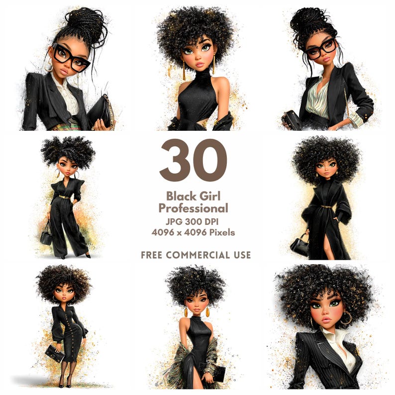 May include: A digital art print featuring nine illustrations of Black women in professional attire. The women are depicted in various poses, wearing business suits and dresses. The image includes the text "30 Black Girl Professional" and "Free Commercial Use."