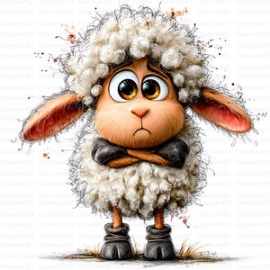 May include: A digital illustration of a sheep with a grumpy expression. The sheep has fluffy white wool, large brown eyes, and crossed arms. It wears black boots and stands on a patch of grass, with watercolor-style splatters around it.