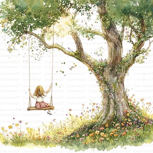 Lot de 13 cliparts petite fille sur la balançoire, fichiers JPG aquarelle haute résolution, journal indésirable, scrapbooking, travaux manuels, aquarelle imprimable, enfance